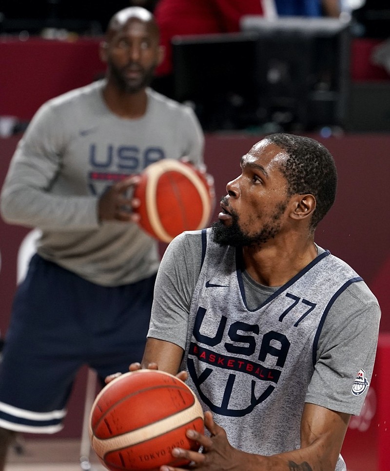 United States' Kevin Durant looks to shoot during a men's basketball practice at the Tokyo 2020 Olympics, in Saitama, Japan, Thursday, July 22, 2021. (AP Photo/David Goldman)


