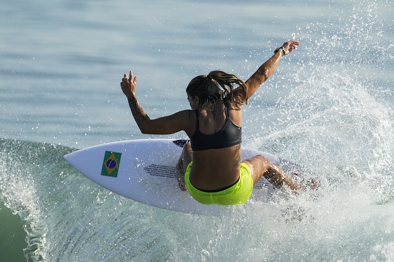 Brazil's Silvana Lima rides a wave during a training session at the 2020 Summer Olympics, Saturday, July 24, 2021, at Tsurigasaki beach in Ichinomiya, Japan. (AP Photo/Francisco Seco)


