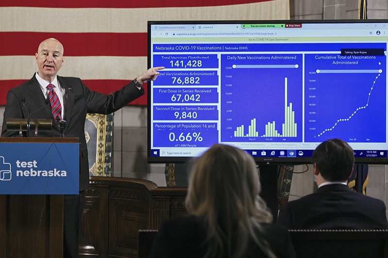 FILE - In this Jan. 11, 2021 file photo, Nebraska Gov. Pete Rickets points to vaccination statistics during a news conference in Lincoln, Neb. (AP Photo/Nati Harnik, File)


