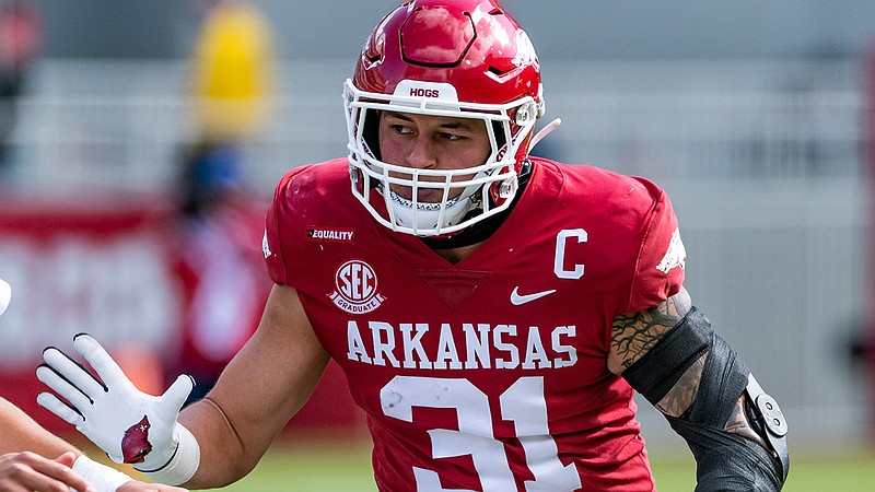 Arkansas Athletics photo / Arkansas sixth-year senior linebacker Grant Morgan opened last season with 13 tackles against Georgia and never let up, averaging 12.3 stops per game to lead the Southeastern Conference.