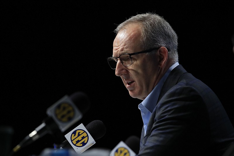In this file photo, Greg Sankey, Commissioner of the SEC, addresses the media following the announcement of the cancellation of the SEC Basketball Tournament at Bridgestone Arena on March 12, 2020, in Nashville, Tennessee. Sankey said nearly half of SEC football teams have reached at least an 80% vaccination threshold. (Andy Lyons/Getty Images/TNS)