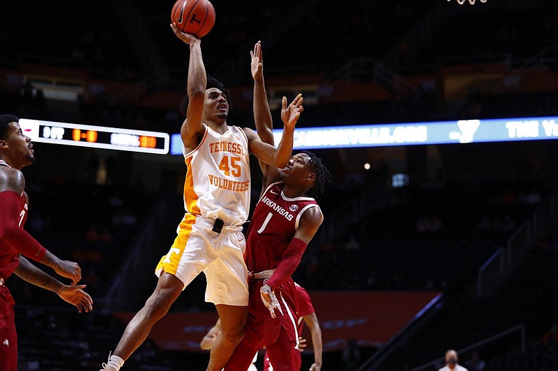 Tennessee Athletics photo / Tennessee's Keon Johnson goes up for a shot during January's 79-74 win over Arkansas in Thompson-Boling Arena. The Volunteers and Razorbacks will play twice during the 2021-22 season.