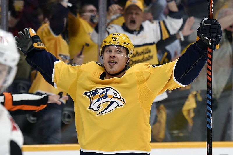 AP photo by Mark Zaleski / Nashville Predators center Mikael Granlund celebrates after scoring against the visiting Carolina Hurricanes during a playoff game on May 27.