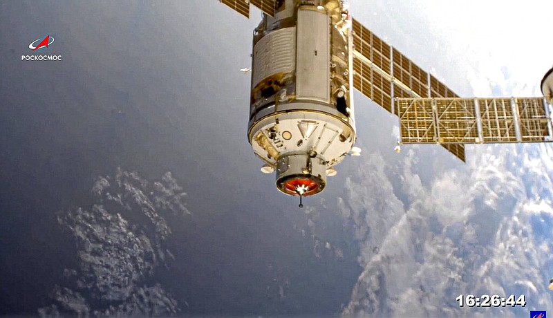 In this photo provided by Roscosmos Space Agency Press Service, the Nauka module is seen prior to docking with the International Space Station on Thursday, July 29, 2021. Russia's long-delayed lab module successfully docked with the International Space Station on Thursday, eight days after it was launched from the Russian space launch facility in Baikonur, Kazakhstan. The 20-metric-ton (22-ton) Nauka module, also called the Multipurpose Laboratory Module, docked with the orbiting outpost after a long journey and a series of manoeuvres. (Roscosmos Space Agency Press Service photo via AP)
