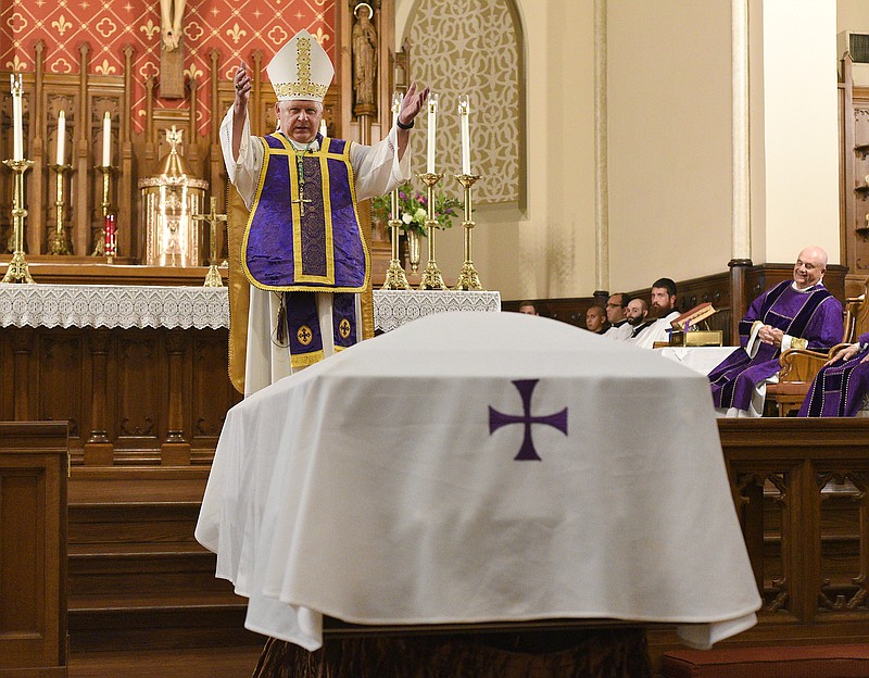 Staff Photo by Matt Hamilton / Bishop Richard Stika speaks about the life of the Rev. Patrick Ryan on Saturday. A Memorial Mass was held for Ryan's re-entombment on Saturday, July 31, 2021. Ryan died in 1878 of Yellow Fever.