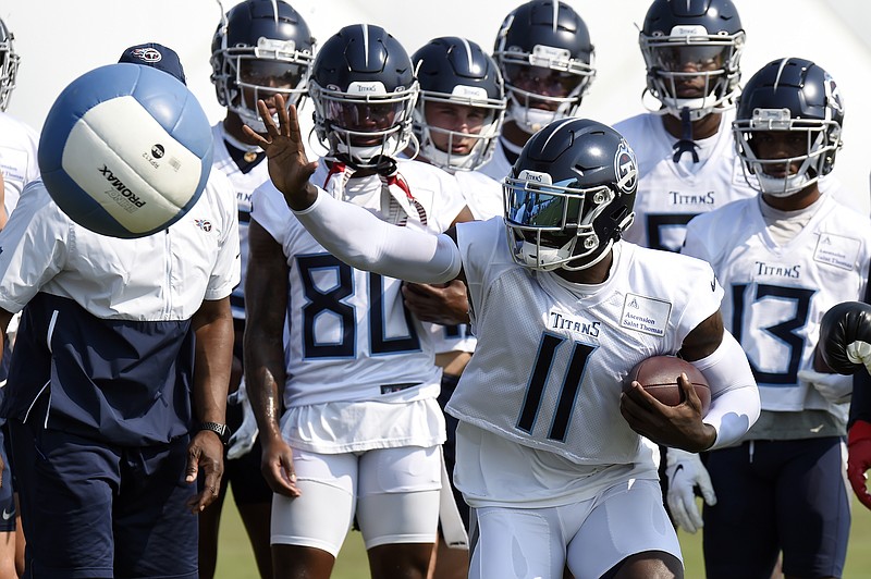 AP photo by Mark Zaleski / Tennessee Titans wide receiver A.J. Brown (11) goes through a drill during training camp Wednesday in Nashville.