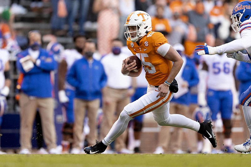 Tennessee Athletics photo / Tennessee sophomore quarterback Harrison Bailey looks for running room during last December's loss to Florida. Bailey started the final three games of last season.