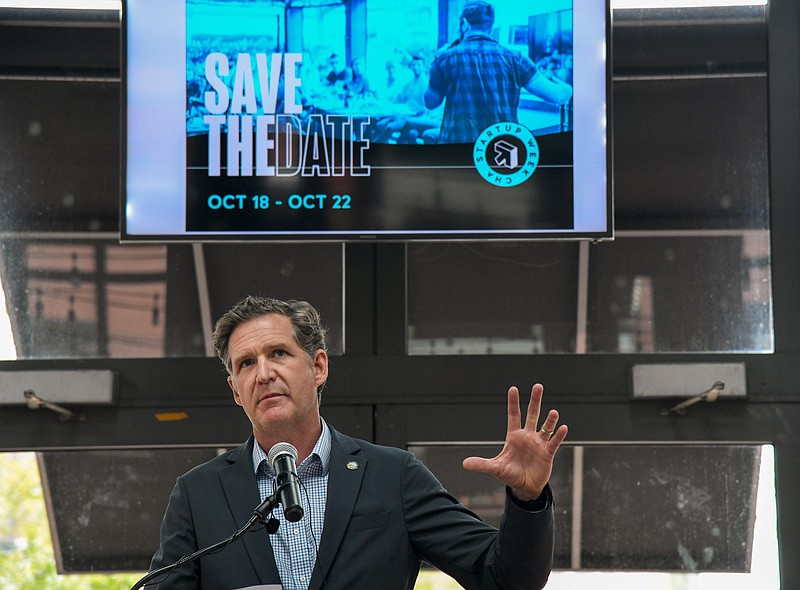 (Photo by Mark Gilliland) Chattanooga Mayor Tim Kelly speaks at the Co-Lab Startup Week kickoff that was held at Miller Plaza on August 4, 2021.