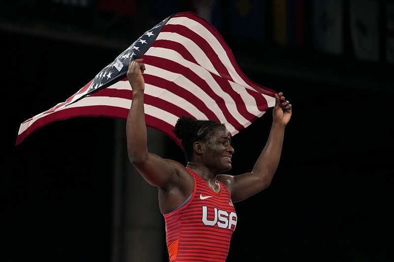 United States Tamyra Marianna Stock Mensah celebrates defeating Nigeria's Blessing Oborududu and winning the women's 68kg Freestyle wrestling final match at the 2020 Summer Olympics, Tuesday, Aug. 3, 2021, in Chiba, Japan. (AP Photo/Aaron Favila)

