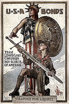 Contributed photo / Early Boy Scout members raised funds for troops serving in the great War (1917-1919). This poster shows Liberty and a Boy Scout holding a sword inscribed "Be Prepared."