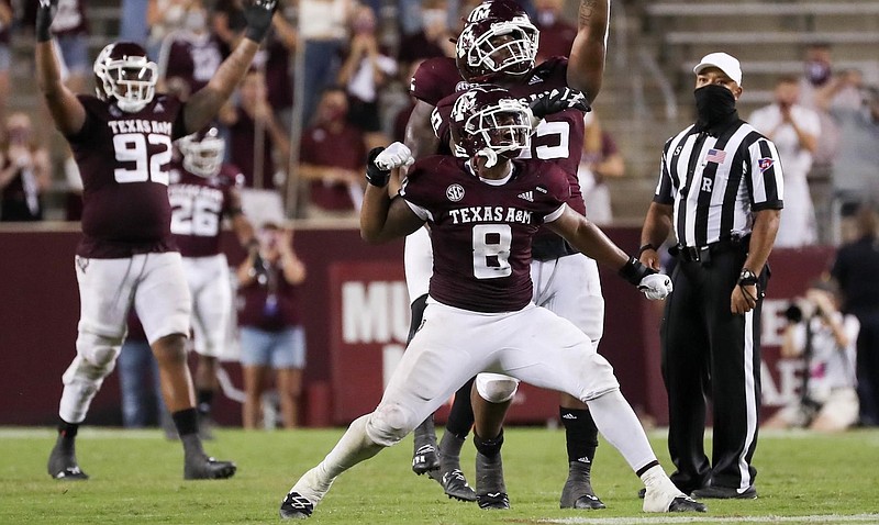 Texas A&M Athletics photo / Texas A&M junior defensive end DeMarvin Leal celebrates a stop last year for the Aggies, who completed a 9-1 season with a win over North Carolina in the Orange Bowl.