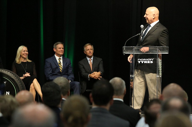 Staff photo by Erin O. Smith / U.S. Rep. Scott DesJarlais speaks during the grand opening event for the Nokian Tyres production plant Wednesday, Oct. 2, 2019 in Dayton, Tennessee.