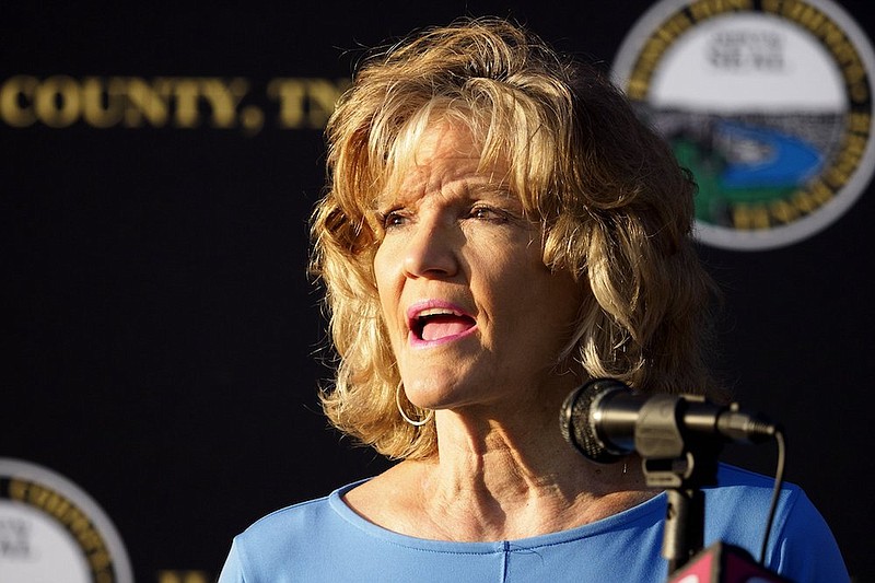 Staff file photo / Becky Barnes, administrator of health services for the Hamilton County Health Department, speaks during a news conference before a tour of the Alstom COVID-19 testing site on Tuesday, Sept. 22, 2020, in Chattanooga, Tenn.