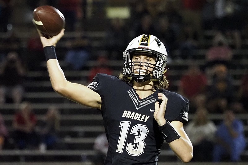 Staff file photo by C.B. Schmelter / Bradley Central senior Aiden McClary returns at quarterback this season, and while he will play behind an experienced line with good size, the backs and receivers around him will have to mature quickly for the Bears to have success on offense.