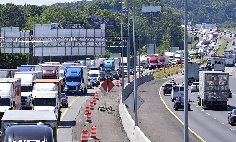 Staff Photo by Robin Rudd / Northbound Interstate 75 traffic backs up, just before the Ringgold Road overpass, at the Interstate 75-Interstate 24 Interchange Improvement project on June 16, 2021.