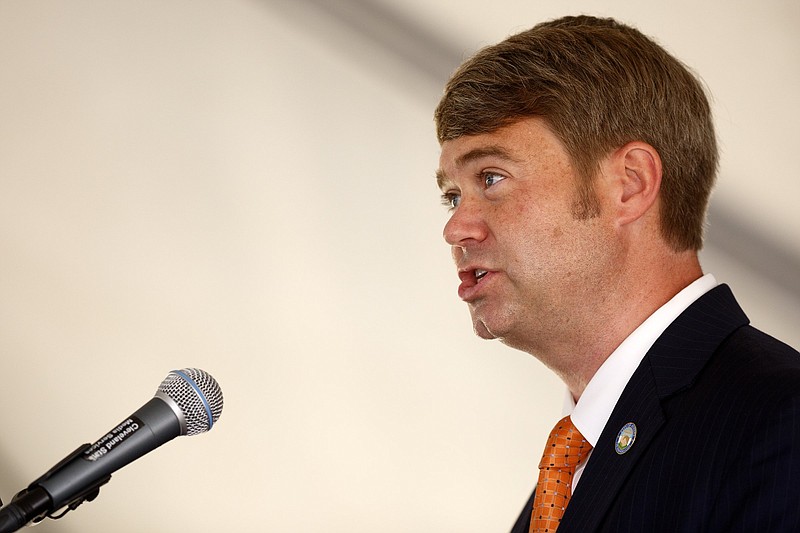 Staff photo by C.B. Schmelter / Athens City Manager C. Seth Sumner speaks during a groundbreaking ceremony for the McMinn Higher Education Center in 2019 in Athens, Tenn.