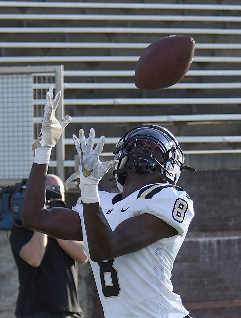 Staff Photo by Matt Hamilton / Bradley Central (8) Marcus Goree Jr. catches a ball for a touchdown against South Pittsburgh Saturday. Eight local football teams squared off in eight different 20-minute games Saturday August 14, 2021 at Finley Stadium.