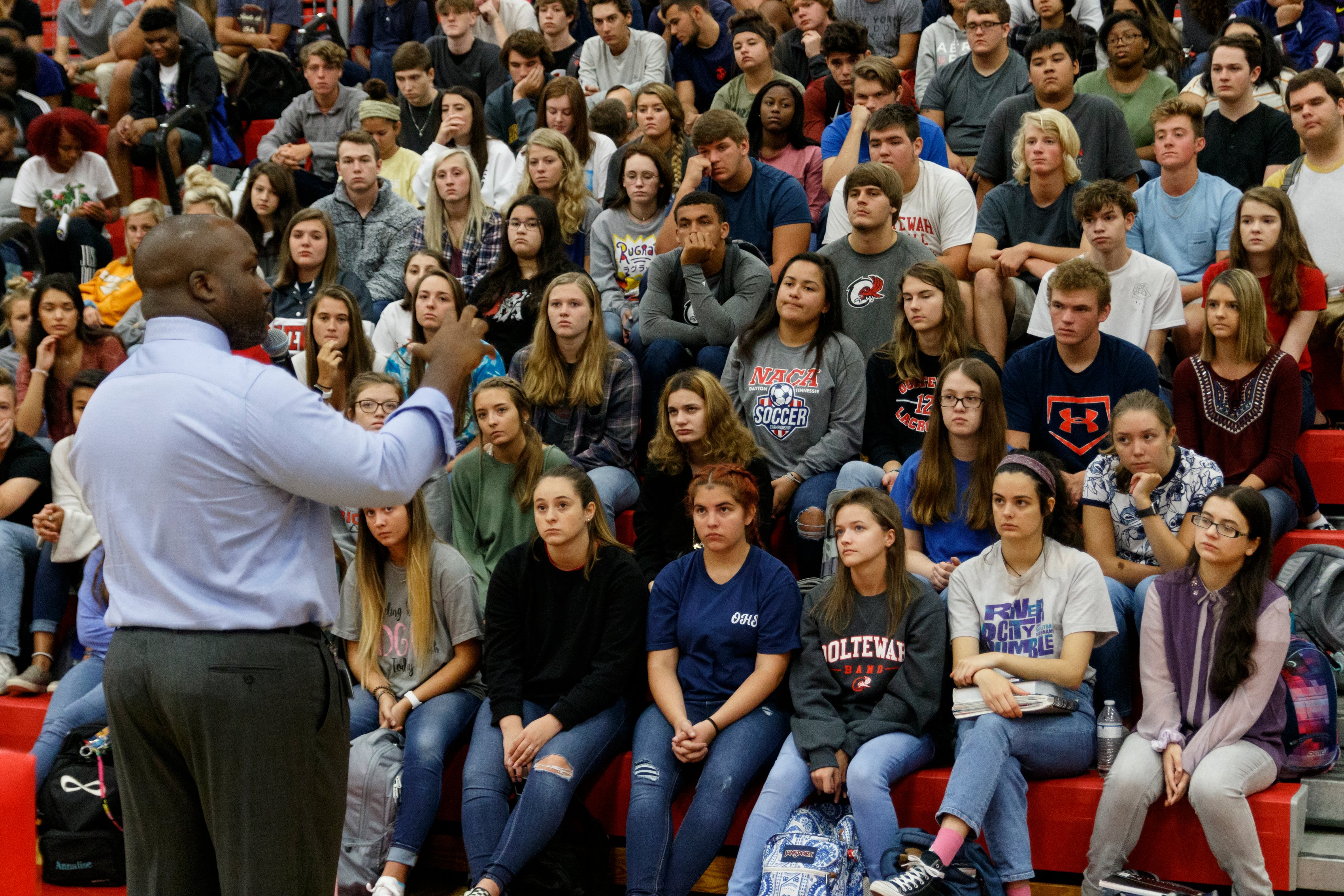 Staff photo by Doug Strickland/ Hamilton County Schools Superintendent Bryan Johnson speaks to seniors at Ooltewah High School on Thursday, Aug. 22, 2019, in Ooltewah, Tenn. Johnson announced that he will be donating the bonus he received for Hamilton County's academic growth to a scholarship fund in his mother's name.