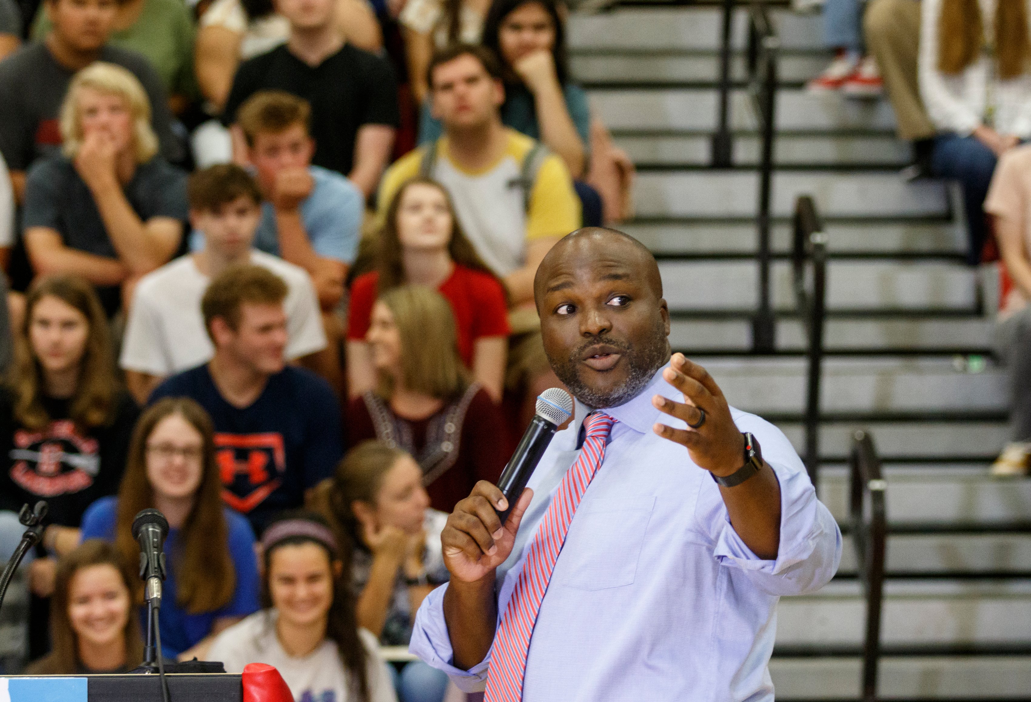 Staff photo by Doug Strickland/ Hamilton County Schools Superintendent Bryan Johnson speaks to seniors at Ooltewah High School on Thursday, Aug. 22, 2019, in Ooltewah, Tenn. Johnson announced that he will be donating the bonus he received for Hamilton County's academic growth to a scholarship fund in his mother's name.