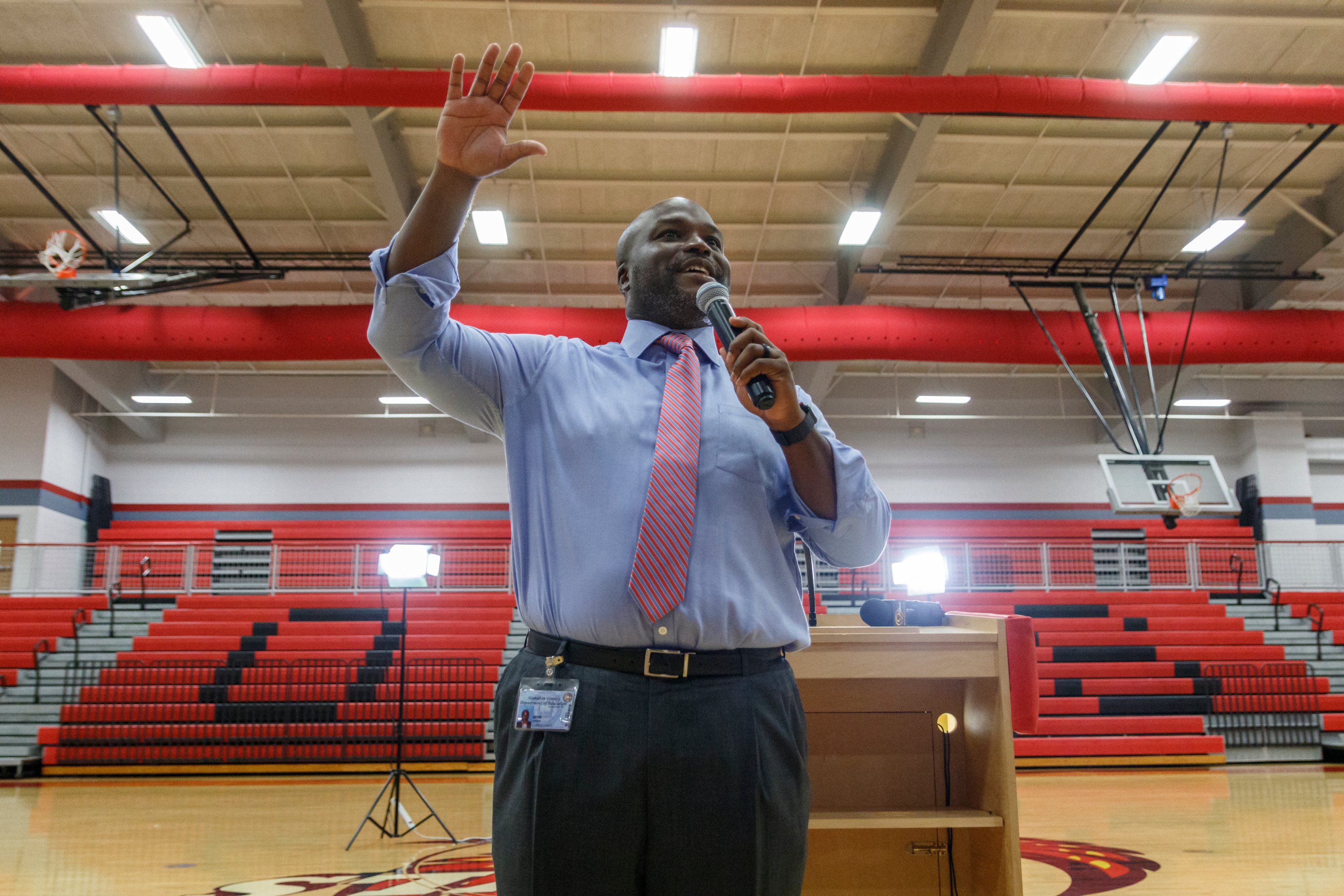 Staff photo by Doug Strickland/ Hamilton County Schools Superintendent Bryan Johnson speaks to seniors at Ooltewah High School on Thursday, Aug. 22, 2019, in Ooltewah, Tenn. Johnson announced that he will be donating the bonus he received for Hamilton County's academic growth to a scholarship fund in his mother's name.