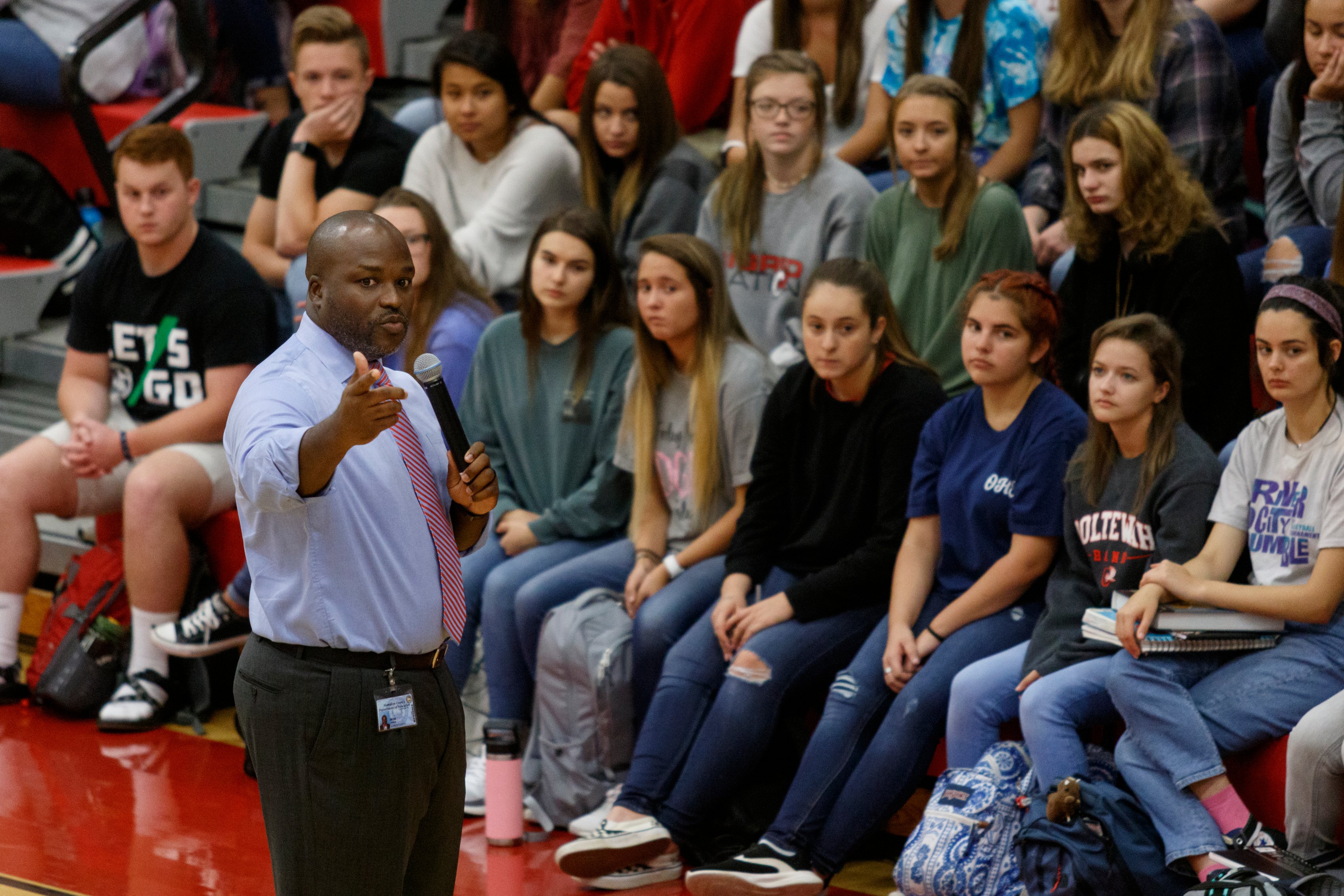 Staff photo by Doug Strickland/ Hamilton County Schools Superintendent Bryan Johnson speaks to seniors at Ooltewah High School on Thursday, Aug. 22, 2019, in Ooltewah, Tenn. Johnson announced that he will be donating the bonus he received for Hamilton County's academic growth to a scholarship fund in his mother's name.