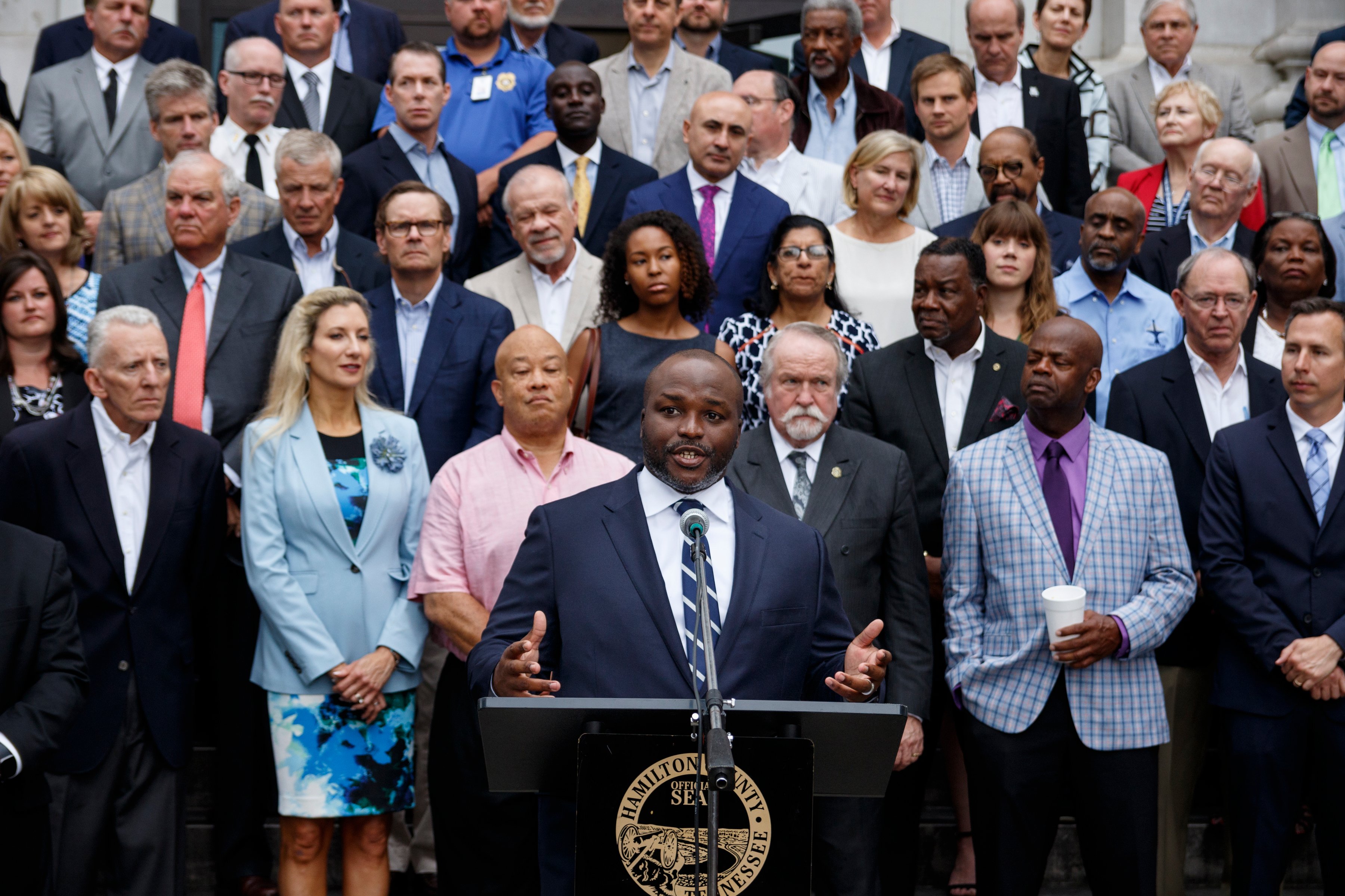 Hamilton County Schools Superintendent Bryan Johnson speaks during a news conference outside the Hamilton County Courthouse in support of Hamilton County Mayor Jim Coppinger's fiscal year 2020 budget on Wednesday, June 5, 2019, in Chattanooga, Tenn. Mayor Coppinger later presented his budget, which calls for a tax increase for additional funding for schools, to the county commission.