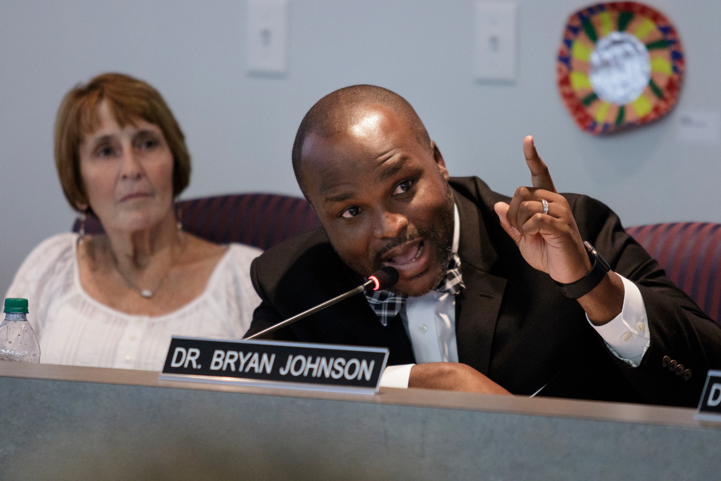Schools superintendent Bryan Johnson, right, speaks next to board member Kathy Lennon amid a discussion about equity in the school system during a Hamilton County Board of Education work session on Thursday, June 21, 2018, in Chattanooga, Tenn.