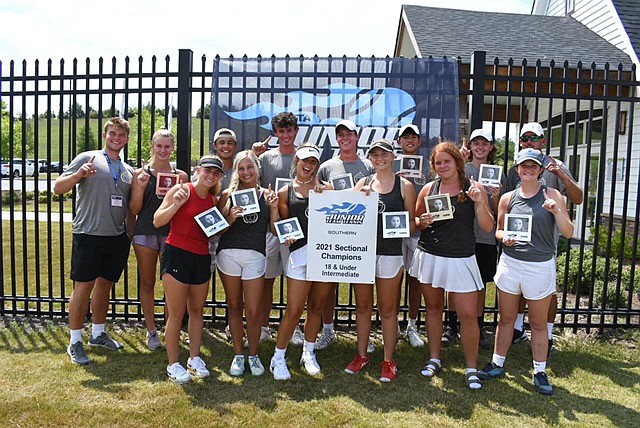 USTA photo / This junior tennis team from Dalton won USTA state titles in both Georgia and Tennessee before going on to win the Southern Section and qualify for the national tournament, which was canceled this year due to the coronavirus pandemic. Pictured from left are, front row, Rebecca Pitts, Callie Stanfield, Braelyn Tallent, Katie Rose Stanfield, Lauren Pitts and McLean Murray; back row, coach Tucker Hemphill, Allie Raughton, Brayden Conn, Jacob Johnson, Henry Horne, Jace Sanford, Sam Woodall and coach Garrick Sanford.