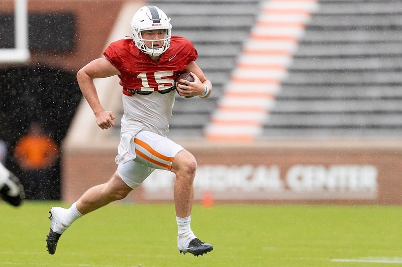 Tennessee Athletics photo / Tennessee quarterbacks Harrison Bailey, shown during last week's scrimmage, Hendon Hooker and Joe Milton have all performed well this month in the eyes of offensive coordinator Alex Golesh.