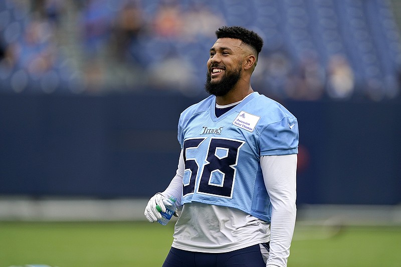 AP photo by Mark Humphrey / Tennessee Titans linebacker Harold Landry waits for his turn to run a drill during an Aug. 16 practice in Nashville.