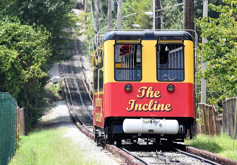 Staff Photo by Matt Hamilton / One of the new incline railway cars travels up the incline on Wednesday, August 25, 2021. CARTA recently purchased new incline railway cars with glass roofs but non-working air conditioning units. 