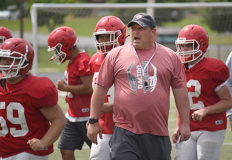 Staff file photo by Matt Hamilton / Dalton's Kit Carpenter celebrated his first win as a head coach Friday night, when the Catamounts bounced back from a season-opening loss to Calhoun by smothering Ridgeland to win 49-0.