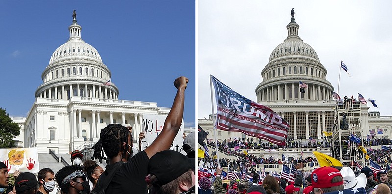 In this combination of photos, demonstrators, left, protest June 4, 2020, in front of the U.S. Capitol in Washington, over the death of George Floyd and on Jan. 6, 2021, supporters of President Donald Trump rally at same location. Some charged in the Jan. 6 riot at the U.S. Capitol as well as their Republican allies claim the Justice Department is treating them harshly because of their political views. They also say those arrested during last year's protests over racial injustice were given leniency. Court records tell a different story. An Associated Press review of court documents in more than 300 federal cases stemming from the protests sparked by George Floyd's death last year shows that dozens of people charged have been convicted of serious crimes and sent to prison. (AP Photos)