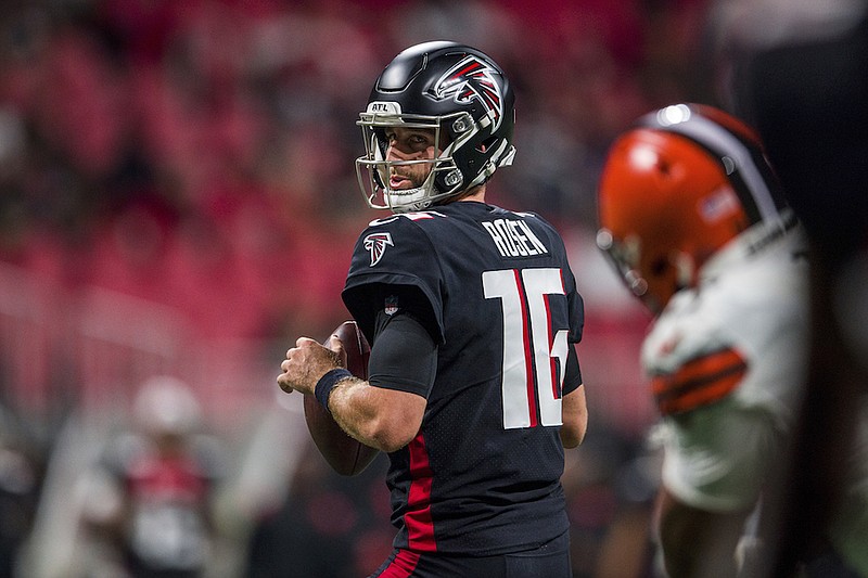 Atlanta Falcons quarterback Josh Rosen (16) works during the second half of a preseason NFL football game against the Cleveland Browns, Sunday, Aug. 29, 2021, in Atlanta. The Cleveland Browns won 19-13. (AP Photo/Danny Karnik)