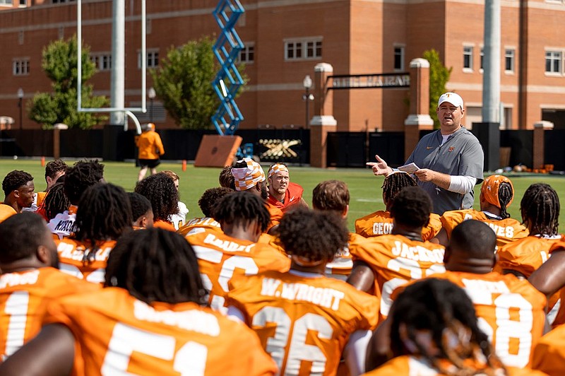 Tennessee Athletics photo / Tennessee first-year football coach Josh Heupel speaks to his players after a practice earlier this month.