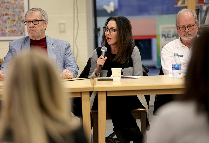 Staff photo by Erin O. Smith / Hamilton County commissioner Sabrena Smedley speaks during a Hamilton County school board and Hamilton County Commission joint meeting Dec. 9, 2019 at Red Bank Middle School in Red Bank.