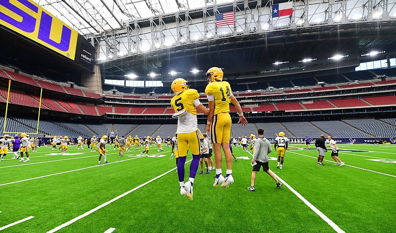 LSU Athletics photo / LSU quarterbacks Garrett Nussmeier (5) and Max Johnson (14) and the rest of the Tigers have been practicing this week at NRG Stadium in Houston after leaving Baton Rouge last Saturday night ahead of Hurricane Ida.