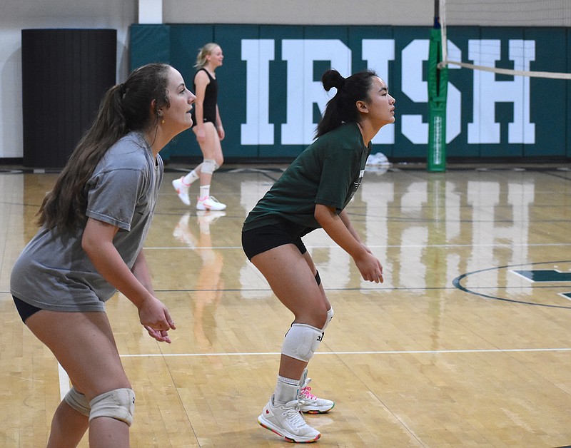 Staff photo by Patrick MacCoon / Notre Dame senior volleyball players Mary Fillauer, left, and Lindsay Burns are back after helping the Lady Fighting Irish reach last year's TSSAA Division II-A state championship match.