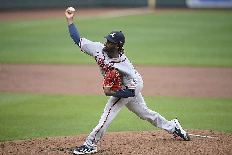 Atlanta Braves starting pitcher Touki Toussaint delivers a pitch during a baseball game against the Baltimore Orioles, Sunday, Aug. 22, 2021, in Baltimore. (AP Photo/Nick Wass)