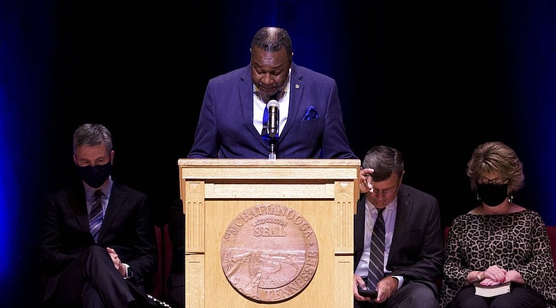 Staff file photo / The Rev. Ternae Jordan, the senior pastor at Mt. Canaan Baptist Church, gives the invocation during the One Chattanooga inauguration ceremony at the Tivoli Theatre on Monday, April 19, 2021, in Chattanooga, Tenn.