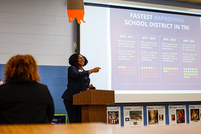 Staff file photo by Troy Stolt / Interim Hamilton County Schools Superintendent Nakia Towns speaks in mid-August at Woodmore Elementary School about the district's TN Ready testing results for the 2020-2021 school year.
