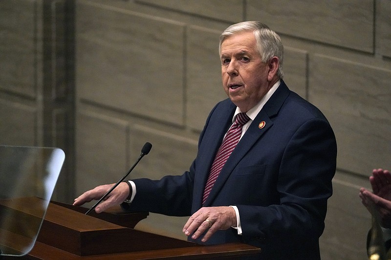 FILE - In this Jan. 27, 2021, file photo, Missouri Gov. Mike Parson delivers the State of the State address in Jefferson City, Mo. A judge on Tuesday, Aug. 31, sided with Gov. Parson in his decision in June to end several federal programs that provided enhanced jobless benefits for Missourians. The Republican governor said it was meant to prod people back to work, but Missouri Jobs With Justice, which filed suit on behalf of unemployed Missourians, said the decision was damaging to many people who lost work during the COVID-19 pandemic. AP Photo/Jeff Roberson, File)