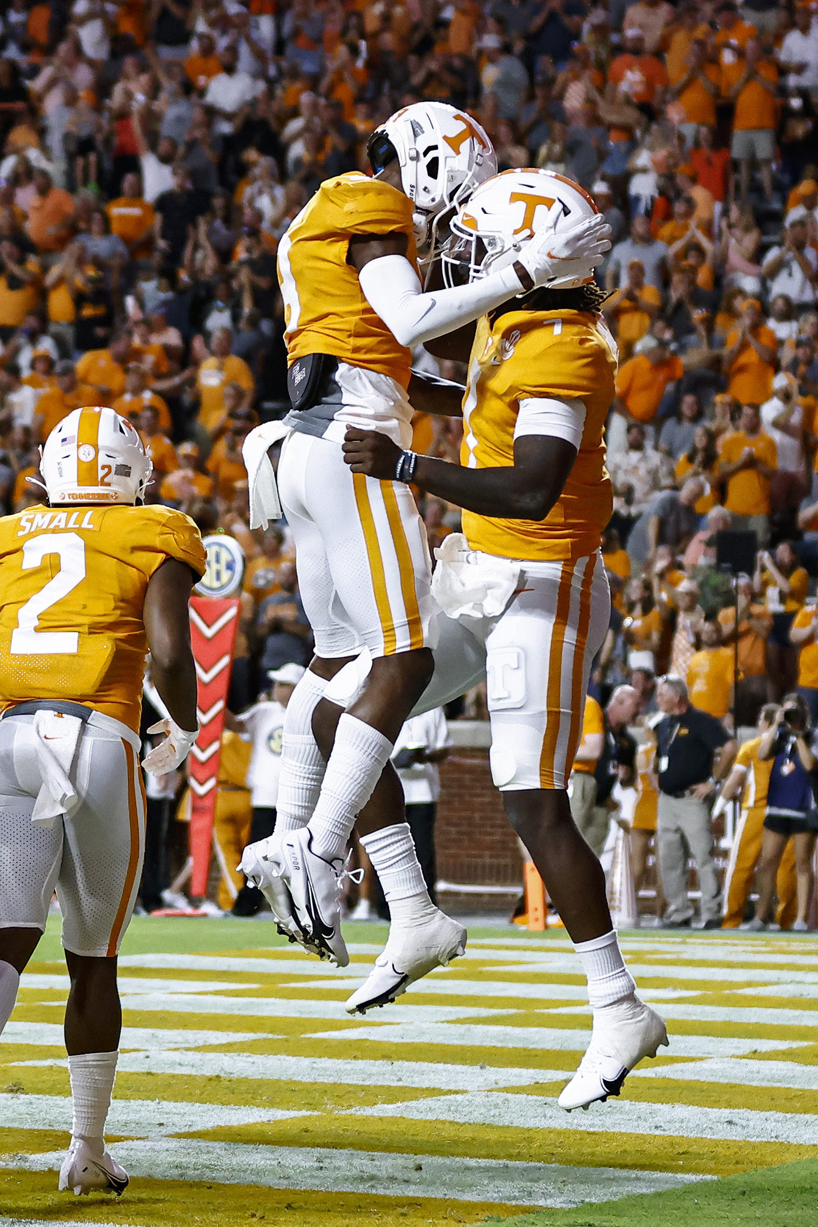 Tennessee quarterback Joe Milton III (7) celebrates a touchdown against Bowling Green with wide receiver JaVonta Payton (3) during the first half of an NCAA college football game Thursday, Sept. 2, 2021, in Knoxville, Tenn. (AP Photo/Wade Payne)