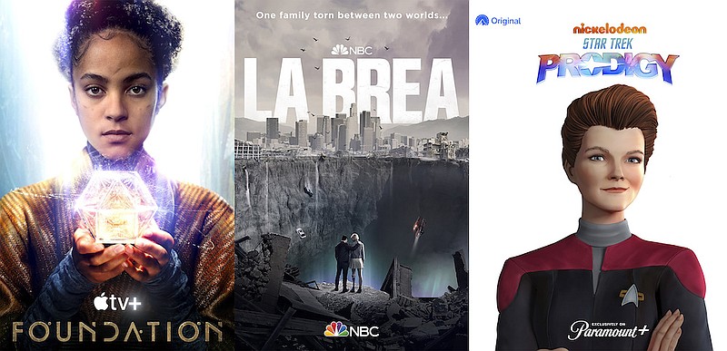 This combination of photos shows promotional art for the series "Foundation," premiering Sept. 24 on Apple TV+, "La Brea," premiering Sept. 18 on NBC and "Star Trek: Prodigy," premiering this fall on Paramount+. (AppleTV+/NBC/Paramount+ via AP)