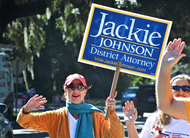 In this Tuesday, Nov. 3, 2020 file photo, District Attorney Jackie Johnson campaigns for reelection on St. Simons Island, Ga. Johnson, a former Georgia prosecutor was indicted Thursday, Sept. 2, 2021 on misconduct charges alleging she used her position to shield the men who chased and killed Ahmaud Arbery from being charged with crimes immediately after the shootings. (Terry Dickson/The Brunswick News via AP, File)