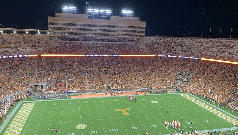 Staff photo by David Paschall / The Tennessee Volunteers opened the Josh Heupel era Thursday night before an announced crowd of 84,314 at Neyland Stadium. Due to COVID-19 restrictions last season, Tennessee averaged 22,532 for home games.