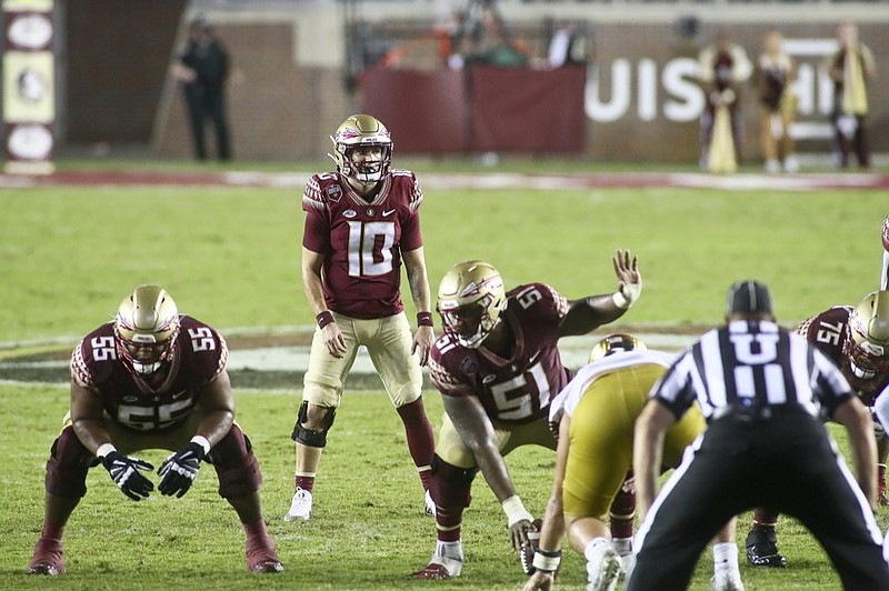 Florida State quarterback McKenzie Milton (10) waits for the snap in overtime of an NCAA college football game against Notre Dame Sunday, Sept. 5, 2021, in Tallahassee, Fla. Notre Dame won 41-38. (AP Photo/Phil Sears)


