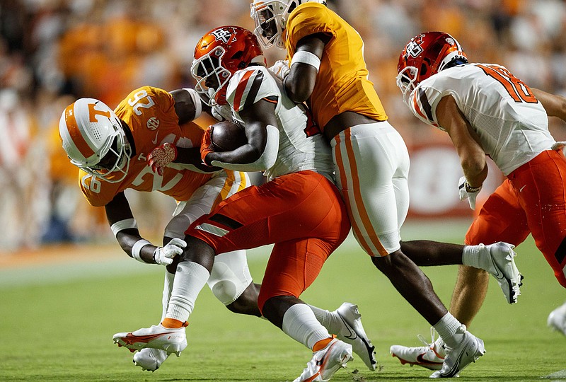 Tennessee Athletics photo by Caleb Jones / Tennessee senior safety Theo Jackson (26) closes in on one of his 11 tackles during last Thursday night's 38-6 victory over Bowling Green.