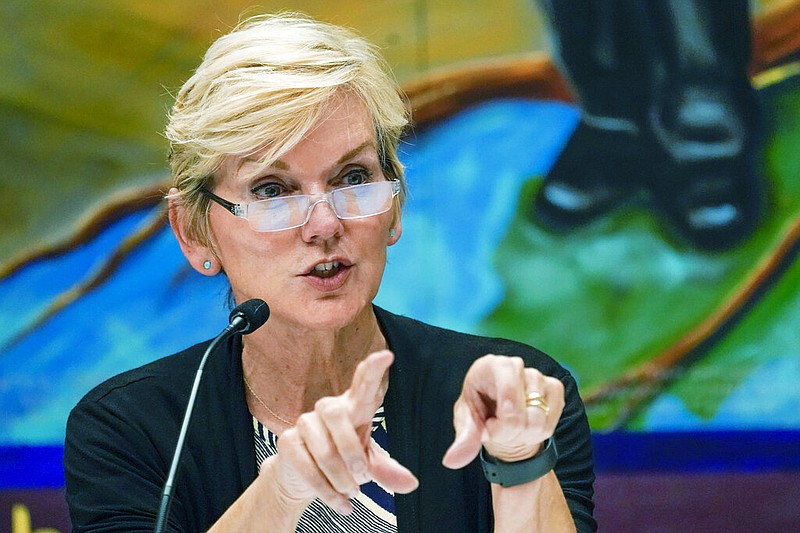 In this June 29, 2021 file photo, Secretary of Energy Jennifer Granholm speaks during a roundtable discussion at the Service Employees International Union 32BJ, in New York. A new federal report say solar energy has the potential to power up to 40% of the nation's electricity within 15 years — a 10-fold increase over current solar output that would require massive changes in U.S. policy and billions of dollars in federal investment to modernize the nation's electric grid. (AP Photo/Mary Altaffer)