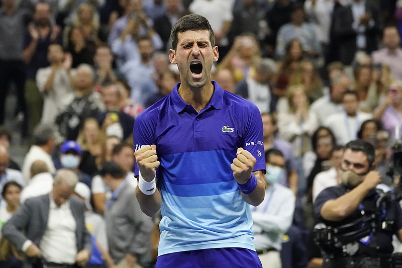 AP photo by Elise Amendola / Novak Djokovic celebrates after beating Alexander Zverev in a U.S. Open semifinal Friday night in New York.